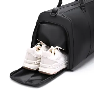 Black matte travel gym bag with separate side shoe compartment for sneakers
