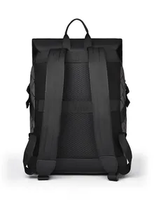 Back view of black backpack with breathable mesh padding and adjustable straps