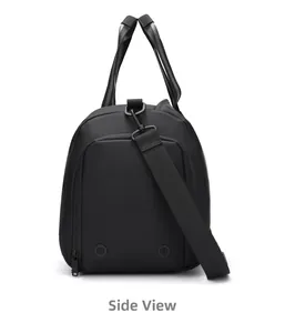 Side view of travel duffel bag showing waterproof fabric and ventilated side pocket