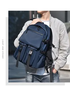 Detail view of navy blue nylon backpack with multi-pocket design and plastic buckles