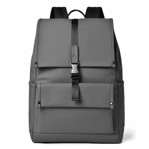 Minimalist grey waterproof backpack with flap closure and buckles for business commute