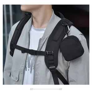Tactical black nylon shoulder strap detail with padded padding and metal buckle attachment