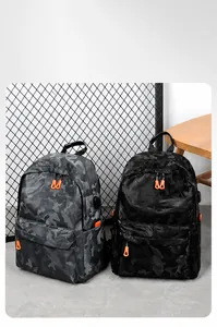 Détail de sacs à dos camouflage gris et noir avec port de chargement USB externe