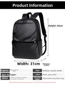Detailed size chart showing 44cm height and 31cm width dimensions for the black backpack