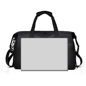 Large black travel duffel bag for business and fitness with laptop size comparison