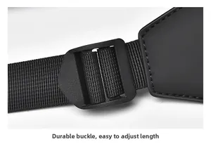 Close-up of durable nylon shoulder strap and adjustable buckle on the black backpack