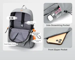 Detail view of large capacity gray backpack with laptop compartment and side water bottle pocket