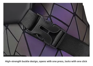 Detail of high-strength plastic buckle and nylon strap on a geometric rhombus backpack