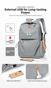 Detail of grey waterproof backpack with external USB charging port and earphone jack