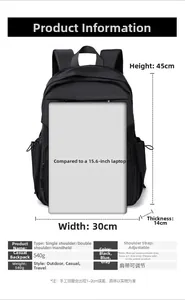Detailed size chart for black waterproof travel backpack fitting 15.6 inch laptop