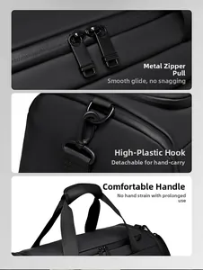Detail view of double metal zippers, durable plastic hooks and padded carry handles