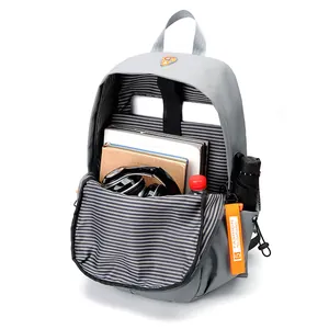 Grey waterproof laptop backpack with large capacity and striped lining shown open