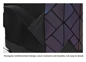 Close-up of triangle reinforced stitching and geometric iridescent pattern on backpack