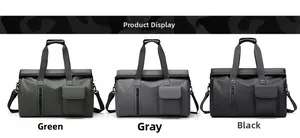 Three men's travel bags in green, grey, and black with double handles and shoulder straps