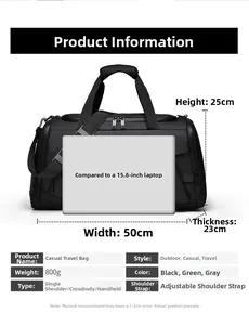 Detailed size specifications of the black travel bag measuring 50x25x23cm with weight details