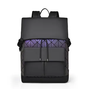 Geometric Triangle Patchwork Iridescent Backpack Men Large Capacity 15.6 Inch Laptop Bag PU Leather Waterproof Daypack