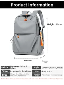 Backpack size guide with dimensions 45x30x16cm and detailed material specifications
