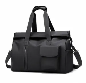 Detailed side view of black large-capacity travel bag with waterproof matte finish