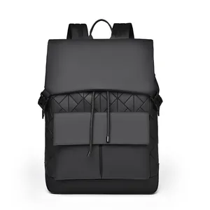 Men's minimalist black backpack with geometric triangle pattern and flap drawstring closure