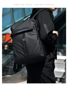 Water-resistant black business backpack with flap cover and vertical zipper detail