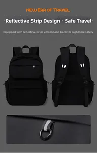 Detail of reflective strip design on black waterproof travel backpack for night safety
