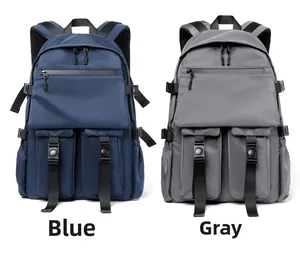 Blue and grey high-capacity nylon backpacks featuring multiple pockets and buckle straps