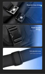 Detail view of magnetic buckle, snap-on clip and adjustable shoulder strap on messenger bag