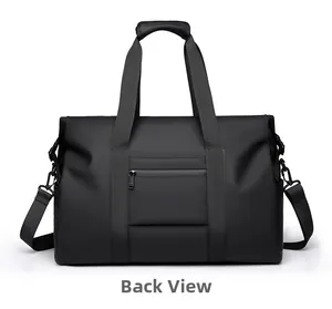 Rear display of black travel bag featuring luggage sleeve and reinforced handles