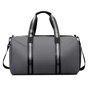 Waterproof grey duffel bag with silver stripes and adjustable shoulder strap for travel