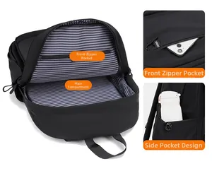 Waterproof nylon backpack detailing main compartment with striped lining and side pockets
