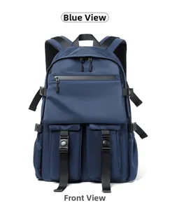 Front view of a blue large capacity nylon backpack with tactical multi-pocket design