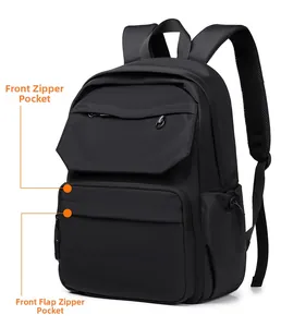 Detail view of the waterproof travel backpack showing front flap and zipper pockets