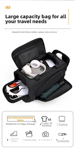Detail showing high-capacity black fitness bag with separate compartments for shoes and clothes