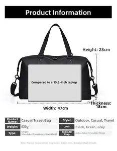 Detailed dimensions of black travel duffle bag showing 47x28x18cm size and parameters