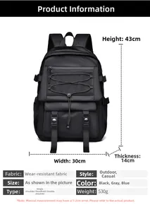 Detailed size chart showing 43cm height and 530g weight for this versatile black backpack