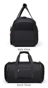 Vues latérale et arrière d'un sac de voyage noir avec compartiment à chaussures en mesh