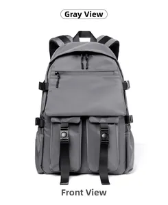 Detailed view of grey waterproof backpack with multi-pocket design and adjustable side buckles