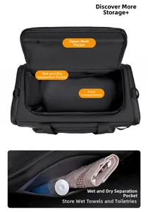 Detail of travel bag with wet-dry separation pocket and spacious mesh storage compartment