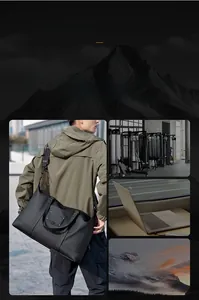 Detail view of black travel bag showing waterproof fabric and versatile use cases