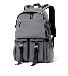 Side view of multi-pocket waterproof backpack with mesh straps and buckle details