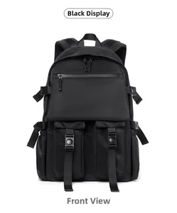 Detail view of black high-density waterproof nylon backpack with secure buckle pockets