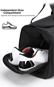 Detail of travel duffel bag featuring a dedicated side compartment for shoes storage