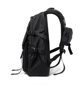Side view of black versatile backpack with adjustment buckles and detachable small pouch