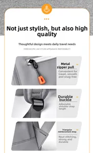 Detail of reinforced triangle stitching, adjustable buckle and durable metal zippers on gray bag
