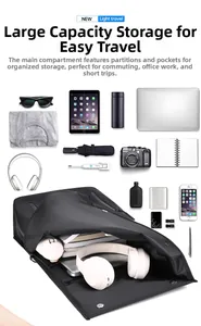 Flat lay of a black waterproof business backpack showcasing large storage for laptop and gear