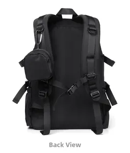 Back view of a black high-capacity backpack with padded straps and a detachable small pouch