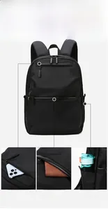 Detail view of water-resistant business backpack featuring multiple functional compartments