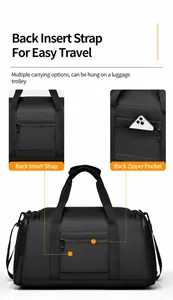 Detail of travel bag showing luggage sleeve and secure back zipper pocket for phone