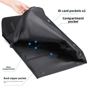 Detail showing inner compartments, document pockets, and back zipper access of this backpack