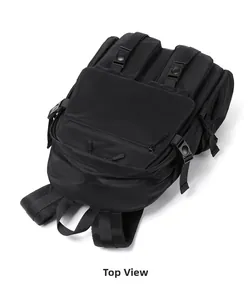 Top view of large black nylon backpack showing zippers and reinforced top handle
